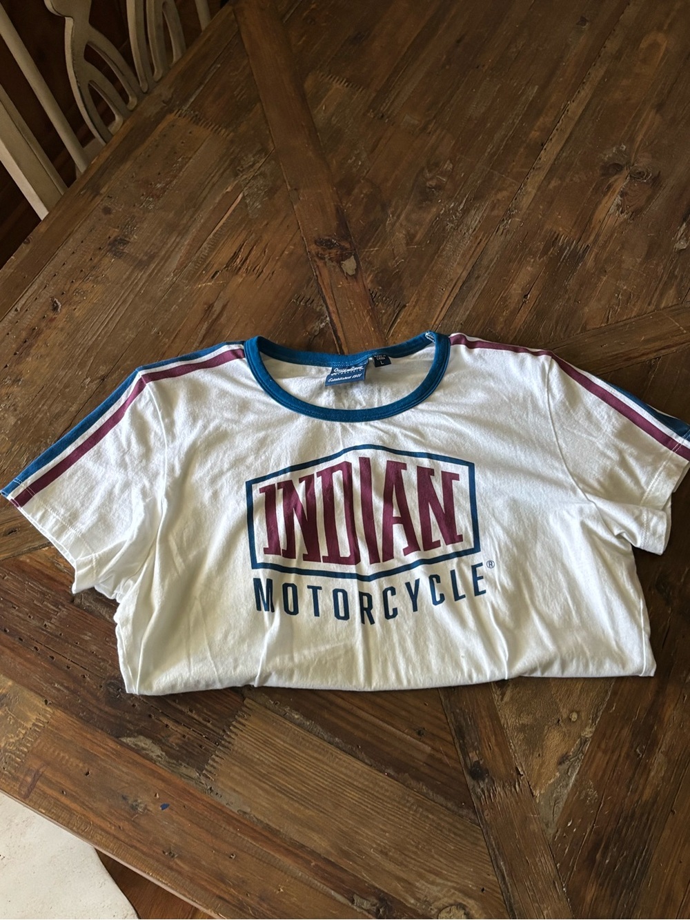 Indian Motorcycle Women’s White Logo Tee with Blue & Maroon Striped Accents - Picture 3 of 8